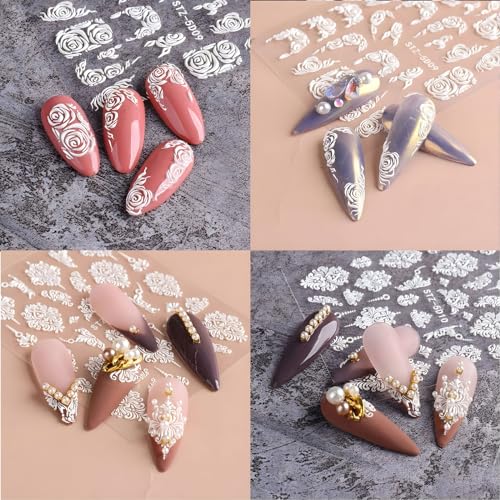 5D White Lace Flower Nail Art Stickers Decals 4pc Set for Wedding Manicure Decor - Image 6
