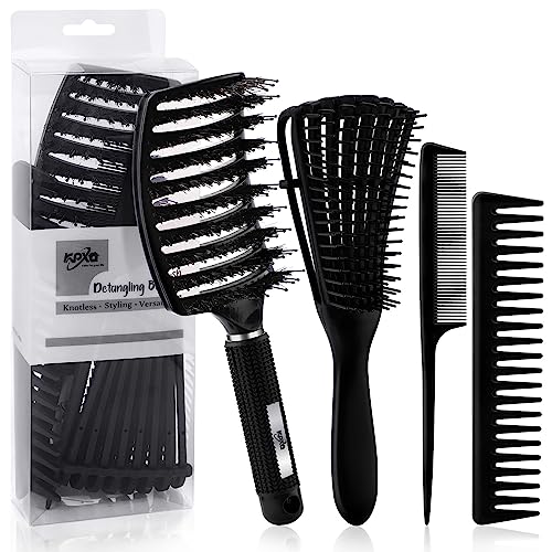 4pcs Curly Hair Brush Set for Adult & Kids Wet or Dry Hair, Detangling Brush for 3/4ABC Hair with Hair Detangler Brush Wide Tooth comb (4, Black)