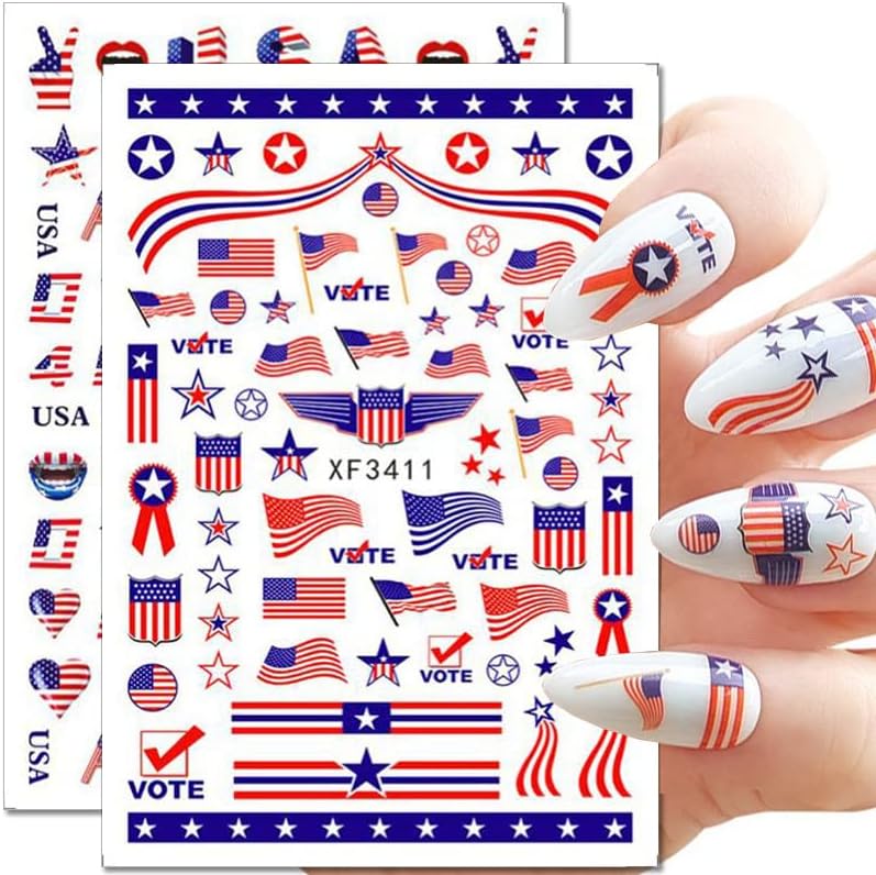 4th of July Nail Art Stickers Independence Day Patriotic Nail Decals 3D Self-Adhesive American Flag Heart Star Nail Design for Memorial Day DIY Manicure Nail Tip Decoration(8 Sheets) - Image 2