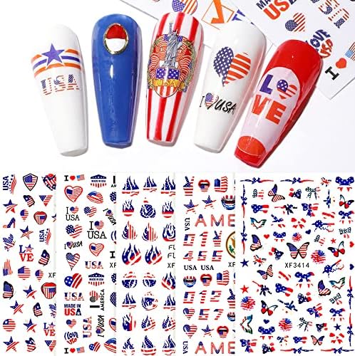 4th of July Nail Art Stickers Independence Day Patriotic Nail Decals 3D Self-Adhesive American Flag Heart Star Nail Design for Memorial Day DIY Manicure Nail Tip Decoration(8 Sheets) - Image 3
