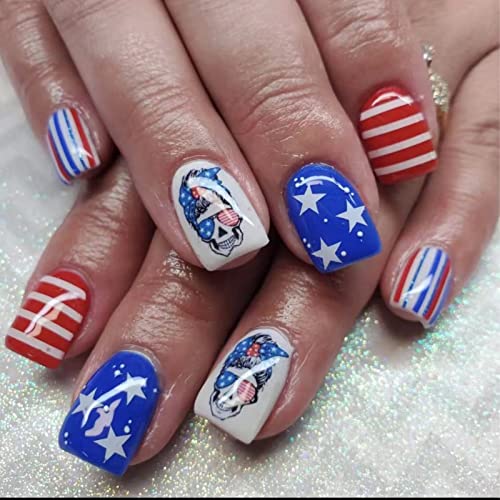 4th of July Press on Nails Medium Square Fake Nails Red Blue White Full Cover False Nails with Star Red Blue Skeleton Designs Stick on Nails American Flag Patriotic Artificial Nails for Women 24Pcs