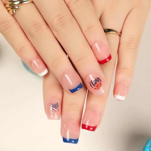 4th of July Press on Nails Short Square Glossy Fake Nails Independence Day Full Cover Stick on Nails with Red White Blue French Tips Design False Nails Artificial Nails Glue on Nails for Women 24Pcs