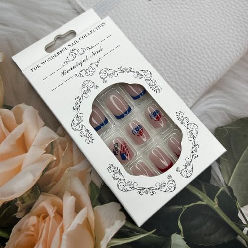 4th of July Press on Nails Short Square Glossy Fake Nails Independence Day Full Cover Stick on Nails with Red White Blue French Tips Design False Nails Artificial Nails Glue on Nails for Women 24Pcs - Image 5
