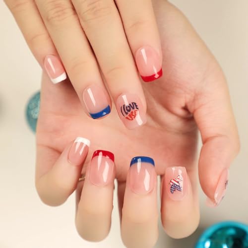 4th of July Press on Nails Short Square Glossy Fake Nails Independence Day Full Cover Stick on Nails with Red White Blue French Tips Design False Nails Artificial Nails Glue on Nails for Women 24Pcs - Image 3