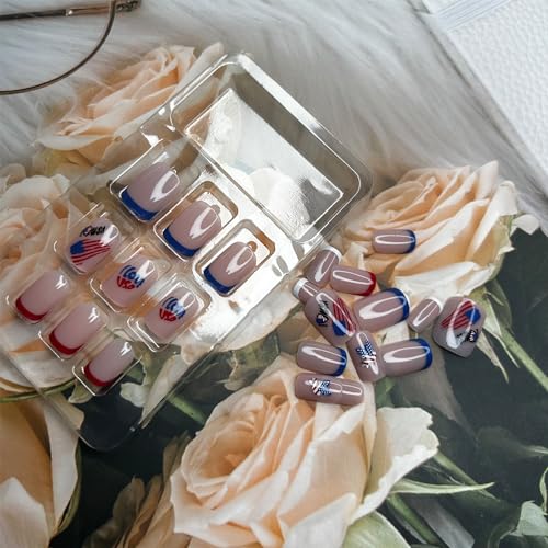 4th of July Press on Nails Short Square Glossy Fake Nails Independence Day Full Cover Stick on Nails with Red White Blue French Tips Design False Nails Artificial Nails Glue on Nails for Women 24Pcs - Image 2