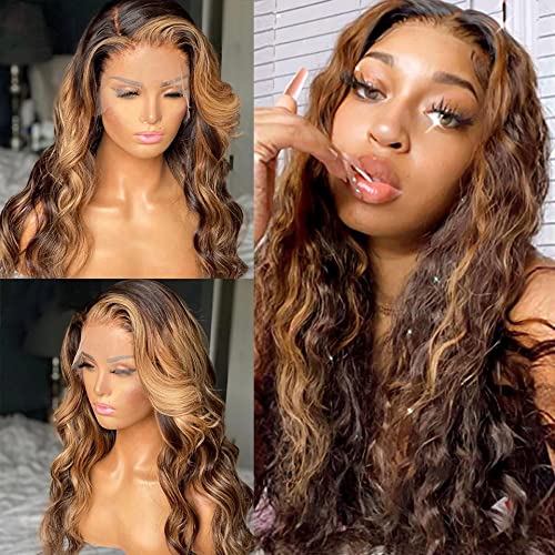 4x4 Lace Closure Highlight Wigs Curly Wave Human Hair 22 Inch Long Wig for Women Long Brazilian Virgin Hair Dark Brown to Honey Blonde Highlight Wigs Pre Pluck Loose Wave Ombre Lace Front Wig