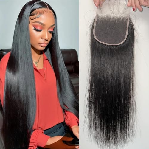 4X4 Straight HD Lace Closure Human Hair Extensions 12A Brazilian Virgin Remy 100% Unprocessed Human Hair Frontal Free Part Closure Only Pre Plucked With Baby Hair Natural Black 14 Inch