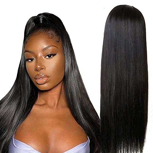 4x4 Straight Lace Front Wigs Human Hair wig for Black Women 10A Brazilian Virgin Human Hair Glueless Pre Plucked Bleached Knots with Baby Hair 150% Density Natural Color 16inch