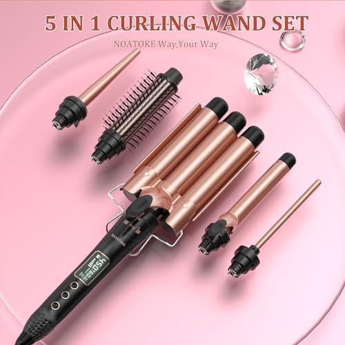 5 in 1 Curling Iron Set, Curling Wand Set with Changeable Attachment Including Triple Barrel Hair Waver 0.35” 0.75” 1” Curling Iron 1.4” Curling Brush and LCD Temperature Display - Image 3