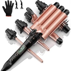 5 in 1 Curling Iron Set, Curling Wand Set with Changeable Attachment Including Triple Barrel Hair Waver 0.35” 0.75” 1” Curling Iron 1.4” Curling Brush and LCD Temperature Display