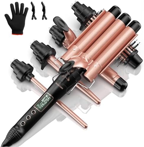 5 in 1 Curling Iron Set, Curling Wand Set with Changeable Attachment Including Triple Barrel Hair Waver 0.35” 0.75” 1” Curling Iron 1.4” Curling Brush and LCD Temperature Display