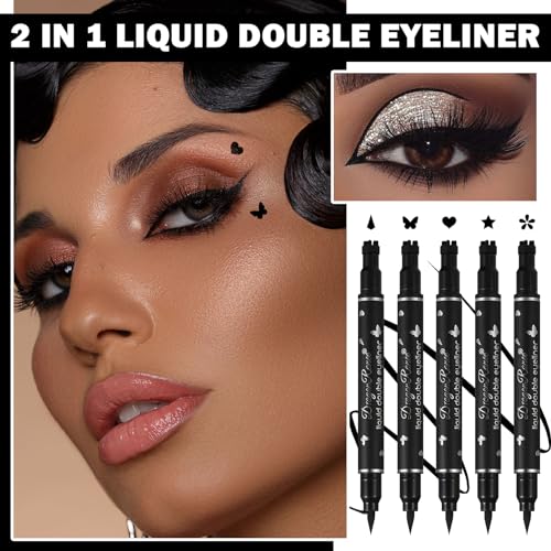 5 PCS Black Liquid Winged Eyeliner Stamp Pen Makeup Tools,Double-side Eyeliner Stamps Pencil Set,Waterproof & Long Lasting Smudgeproof Eye Liner Stencil Tattoo Pens for Women - Image 2