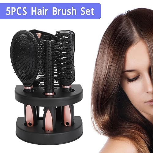5-Piece Detangling Hair Brush Set with Stand and Mirror Holder for Wet Dry Hair - Image 3