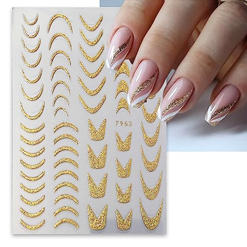 5 Sheets Glitter Lines Nail Stickers Metallic Curve Lines Nail Decals Simple French Nail Art Supplies 3D Self-Adhesive Holographic Wave Lines Nail Art Design Accessories for Women Girls DIY Manicure - Image 2