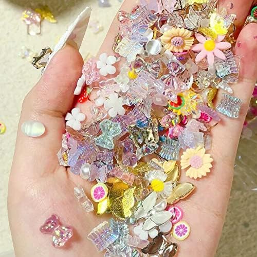 50Pcs Mixed Aurora Resin Nail Art Charms Bow/Flower Multi-Shapes AB Color Nail Sparkle Rhinestones for DIY Crafts Stones