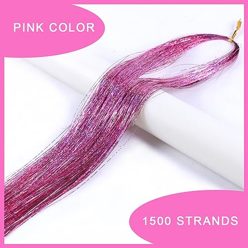 Hair Tinsel Bright Pink Fairy Hair 1500 Strands 44 Inch Heat Resistant Glitter Hair Tinsel Strands Kit Sparkling Shiny Hair Extensions Bling Bling for Party (Pink Color/1500 Strands) - Image 3