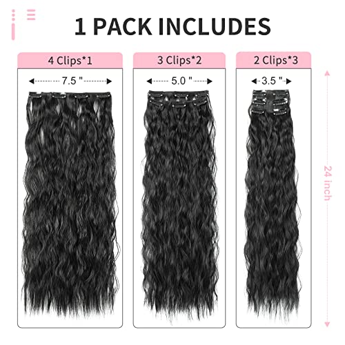 FLUFYMOOZ Clip In Hair Extensions,6PCS Hair Extensions Long Mermaid Waves Wavy Synthetic Clip On Hairpiece For Women 24 Inch (Natural Black) - Image 3