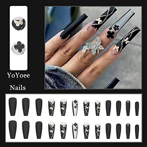 YoYoee 24PCS Black Butterfly Coffin Press-On Acrylic Nails - Medium Size - Image 2