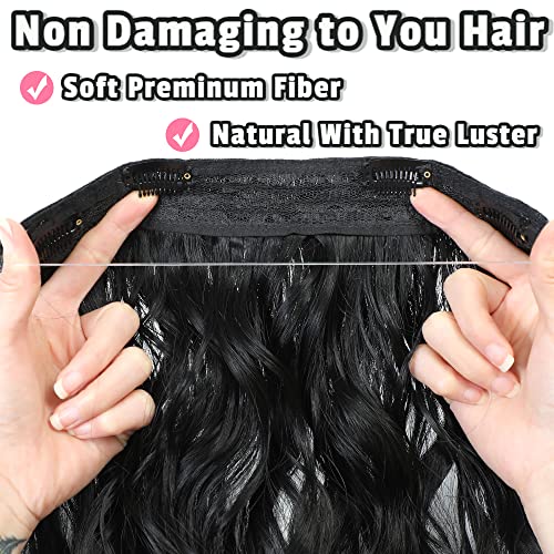 Halo Hair Extensions Black 20 Inch Invisible Wire Secret Hairpieces with Adjustable Size Transparent Headband 4 Secure Clips Long Curly Wavy Hair Extensions for Women Daily Party Use (20 Inch, Black) - Image 5