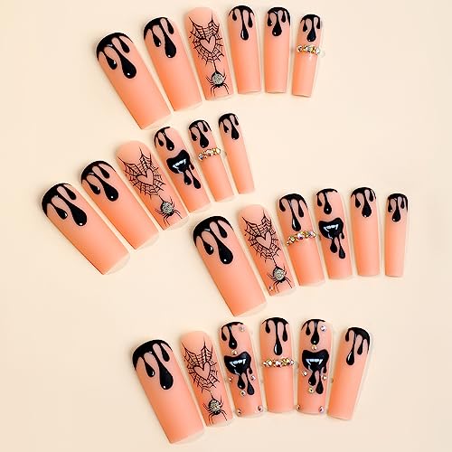 Hallowee Extra long Press on Nails Square Fake Nails with Glitter Spider Web Spider Designs False Nails and Rhinestones Acrylic Nails Artificial Matte Full Cover Stick on Nails for Women 24Pcs - Image 5