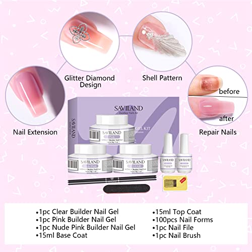 SAVILAND Builder Gels for Nails: 3 Colors 30g Clear Nudes Pink Hard Gel for Nails Extension Gel Set with 15ml Base Top Coat 100pcs Nail Forms Nail Brush Nail Art Manicure Set for Professionals - Image 4
