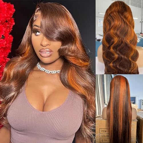 32 Inch Brown Ginger Balayage Ombre Orange Body Wave HD Lace Front Wig 180 Density - Image 6
