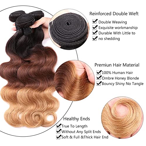 Ombre Human Hair 3 Bundles Body Wave T1B-4-27 Brazilian Human Hair Bundles 100% Unprocessed Virgin Remy Human Hair Bundles Double Weft Light Brown Mixed Blonde Human Hair Weave(22 24 26) - Image 5
