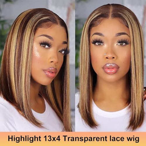 Straight Bob Wig Human Hair 13x4 Frontal Lace Wig Ombre Bob Wig Human Hair For Black Women Blunt Cut Bob Wig Human Hair Lace Front glueless bob wig 180 Density (14 Inch) - Image 4
