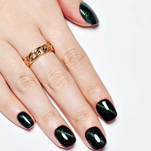 Short Square Black Cat Eyes Gel Press on Nails Blue Glitter Reusable Kit for Women - Image 3