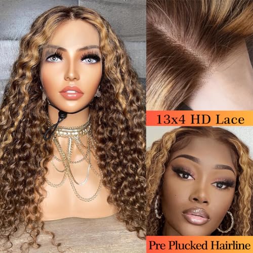 LuAiJa Highlight Curly Lace Front Wig Human Hair 13x4 Ombre Curly Wig Human Hair HD Lace Frontal Wigs Pre Plucked with Baby Hair Wet and Wavy Wigs 180% Density Honey Blonde 4/27 Color Wig 22inch - Image 2