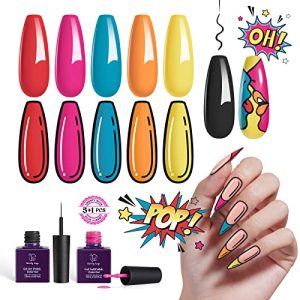 6 Piece Neon Gel Nail Polish Set with Black Liner 10ml Each