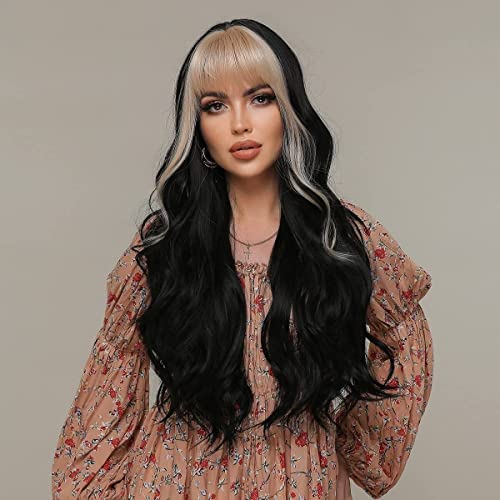 Skunk Stripe Wigs Black Mix Blonde Wig with Bangs for Women, Highlight Long Wavy Heat Resistant Hair for Daily Halloween Party Cosplay - Image 3