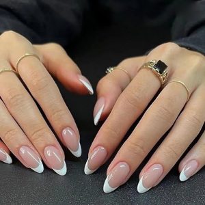 24Pcs French Tip Press on Nails Short Oval Fake Nails White Almond Tip Design Acrylic Stick on Nails Reusable Nude Pink False Nails Glossy Artificial Nails for Women Girls Daily Wear Nails Decoration