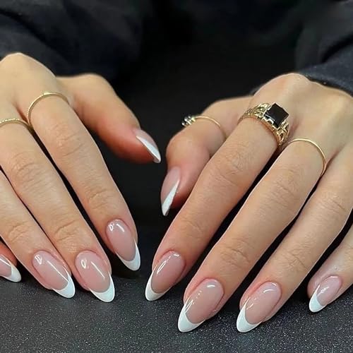 24Pcs French Tip Press on Nails Short Oval Fake Nails White Almond Tip Design Acrylic Stick on Nails Reusable Nude Pink False Nails Glossy Artificial Nails for Women Girls Daily Wear Nails Decoration