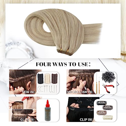 Moresoo Sew in Hair Extensions Blonde Highlight Remy Weft Hair Extensions Human Hair Ash Blonde with Blonde Highlight Double Weft Sew in Weft Extensions Human Hair 14Inch 100G - Image 7