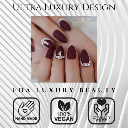 Dark Red Burgundy Matte 3D Luxe Crystal Design Press On Nails Full Cover Acrylic Nail Kit Glue On False Nails Extra Long Round Almond Stiletto Nail Art Tips Fashion Fake Nails Set - Image 2