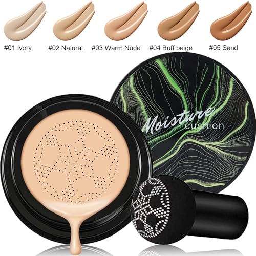 Hilareco Mushroom Head Air Cushion CC Cream Natural Foundation,Phoera Powder, Bright Makeup Base Long Lasting with Makeup Sponge and Flat Top Kabuki Foundation Brush (#04 Buff Beige) - Image 4