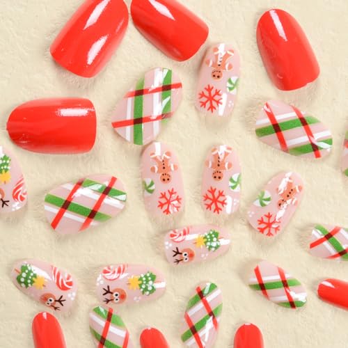 Christmas Press on Nails Short Oval Fake Nails Cute Elk Snowflake Full Cover Acrylic Nails False Nails with Designs Winter Xmas Nail Art Decorations for Women Girls Manicure Tips 24Pcs - Image 2