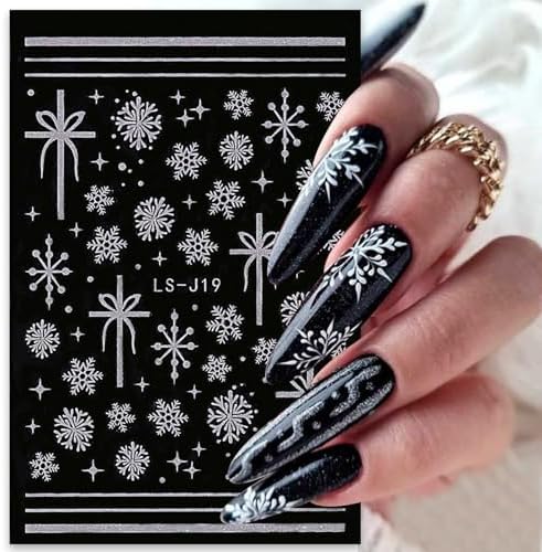 6 Sheets Christmas Nail Stickers Silver Glitter Snowflakes Nail Decals 3D Self-Adhesive Xmas Reindeer Nail Supplies Bell Snow French Nail Design Manicure Accessories for Women Girls Nail Decoration - Image 2