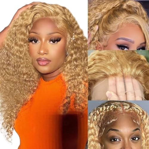 Honey Blonde Curly Lace Front Wigs Human Hair 13x4 HD Lace Blonde Deep Wave Human Hair Wig 150% Density Pre Plucked #27 Colored Curly Lace Front Wig Human Hair 14 Inch