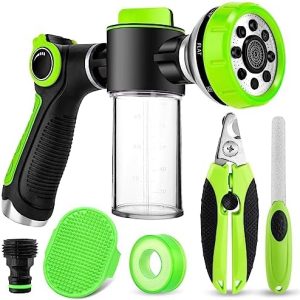 Pup Jet Dog Washing Hose Attachment 8 Way Spray Mode with Thicken Soap Dispenser Bottle Thumb Control Design Equiped Dog Nail Clipper,Nail File and Dog Bath Brush for Pet Bathing (Green)