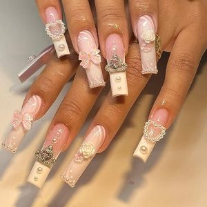 Square Press on Nails Long - White French Tip Extra Long Fake Nails Press ons,24 Pcs Flower Pearl Charms Design Glue on Nails Pink Acrylic Nails Glossy Full Cover False Nail For Women
