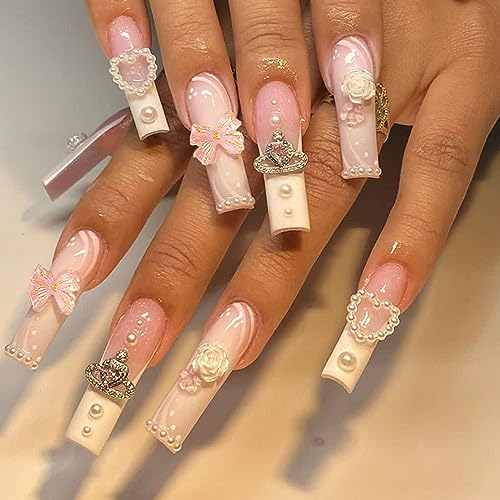 Square Press on Nails Long - White French Tip Extra Long Fake Nails Press ons,24 Pcs Flower Pearl Charms Design Glue on Nails Pink Acrylic Nails Glossy Full Cover False Nail For Women