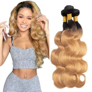 1B27 Bundles Ombre Body Wave Human Hair Bundles Brazilian Unprocessed Virgin Hair 3 Bundles 12 14 16 Inch Two Tone Black To Honey Blonde Bundles Human Hair Ombre Bundles Hair Weave