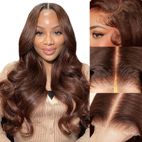Brown Wear and Go Glueless Wigs Human Hair Pre Cut 24 Inch 13x4 HD Lace Front Wig Chocolate Brown Body Wave Wig Pre Plucked with Baby Hair #4 Dark Brown Lace Closure Wigs 150 Density for Women