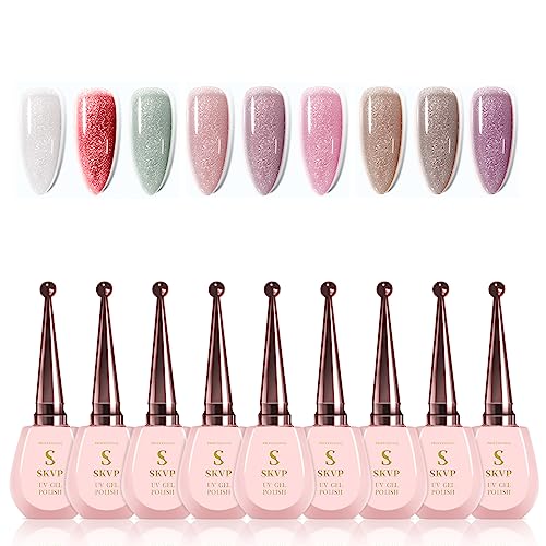 15ml Glitter powder Jelly Gel Nail Polish Set Pastel gel nail polish Nude Transparent Gel Polish Kit UV LED Soak Off Nail Polish DIY Manicure Nail Salon Semi Permanent Nail Polish Kit 9PCS (Brown)