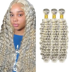 PGrey/613 3 Bundles Deep Wave Virgin Human Hair Extensions 26 28 30 Inch