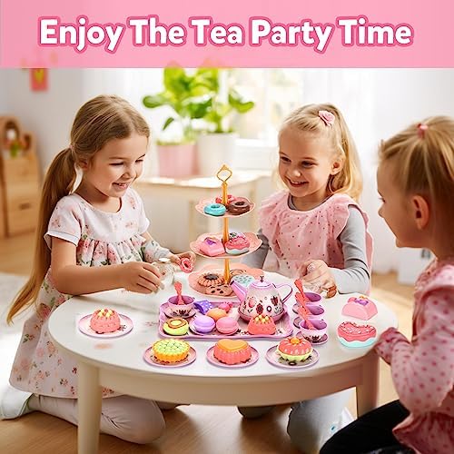 Tea Set for Little Girls, Birthday Gift for Age 3 4 5 6 Year Old, Toddler Toys Tea Party Set for Little Girls, Princess Kids Kitchen Pretend Toy with Tin Tea Set, Desserts & Carrying Case - Image 2