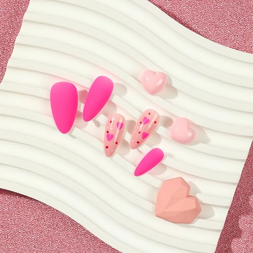 Valentine's Day Press On Nails Medium Almond Heart Fake Nails,Barbie Pink Hearts Design Frosted Gel Acrylic Nails Kit, Valentines Day Nail Accessories Decorations 24Pcs (BarbiePinkHeart) - Image 5