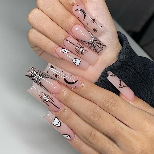 Long Coffin Nude Spider Ghost Halloween Press On Nails Acrylic Kit for Women 24 Count
